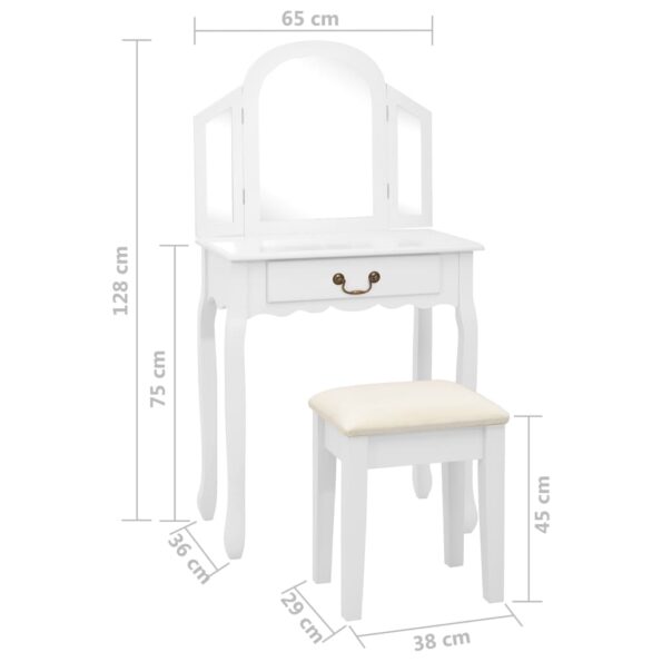 vidaXL Toaletný stolík so stoličkou biely 65x36x128 cm drevo paulovnie MDF – Obrázok 11