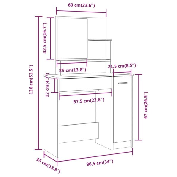 vidaXL Toaletný stolík so zrkadlom dub sonoma 86,5x35x136 cm – Obrázok 9