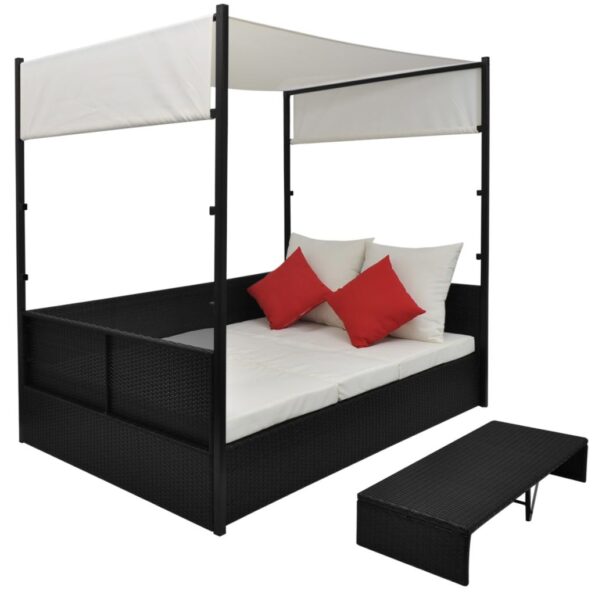 vidaXL Záhradná posteľ so strieškou čierna 190x130 cm polyratanová – Obrázok 2