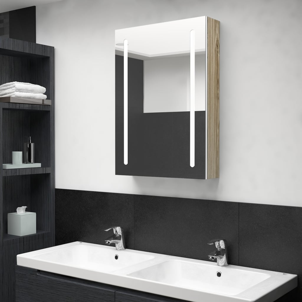 VXL8720286332634_m_en_hd_1.jpg vidaXL LED kúpeľňová zrkadlová skrinka biela a farba dubu 50x13x70 cm – Obrázok 1