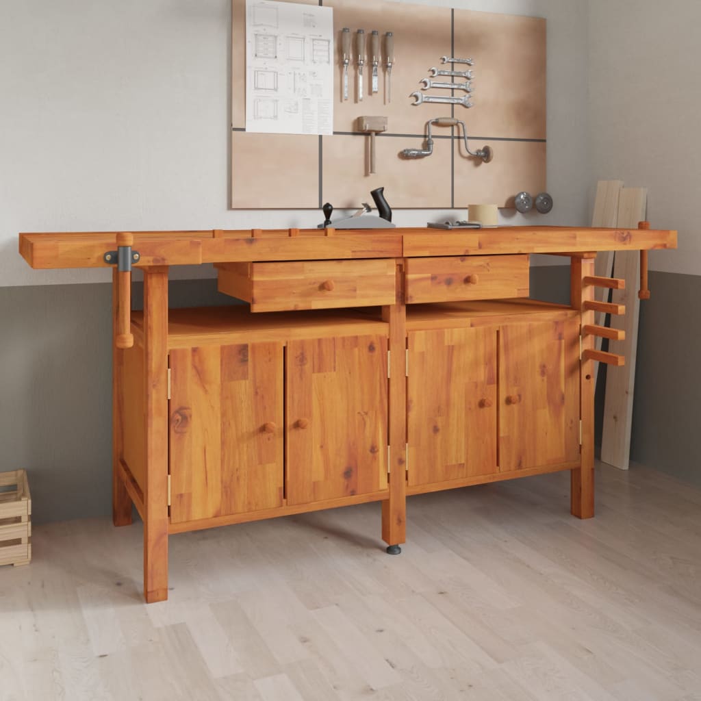 VXL8720845554835_m_en_hd_1.jpg vidaXL Pracovný stôl so zásuvk. a zverákmi 192x62x83 cm akáciový masív – Obrázok 1