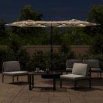 vidaXL Záhradný slnečník, dvojitá strieška+LED, sivohnedý 316x145 cm – Obrázok 3