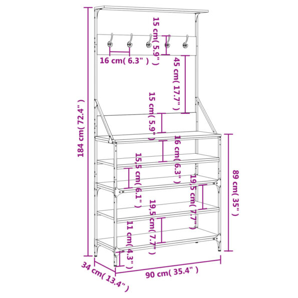 vidaXL Vešiak na šaty s botníkom dymový dub 90x34x184 cm – Obrázok 9