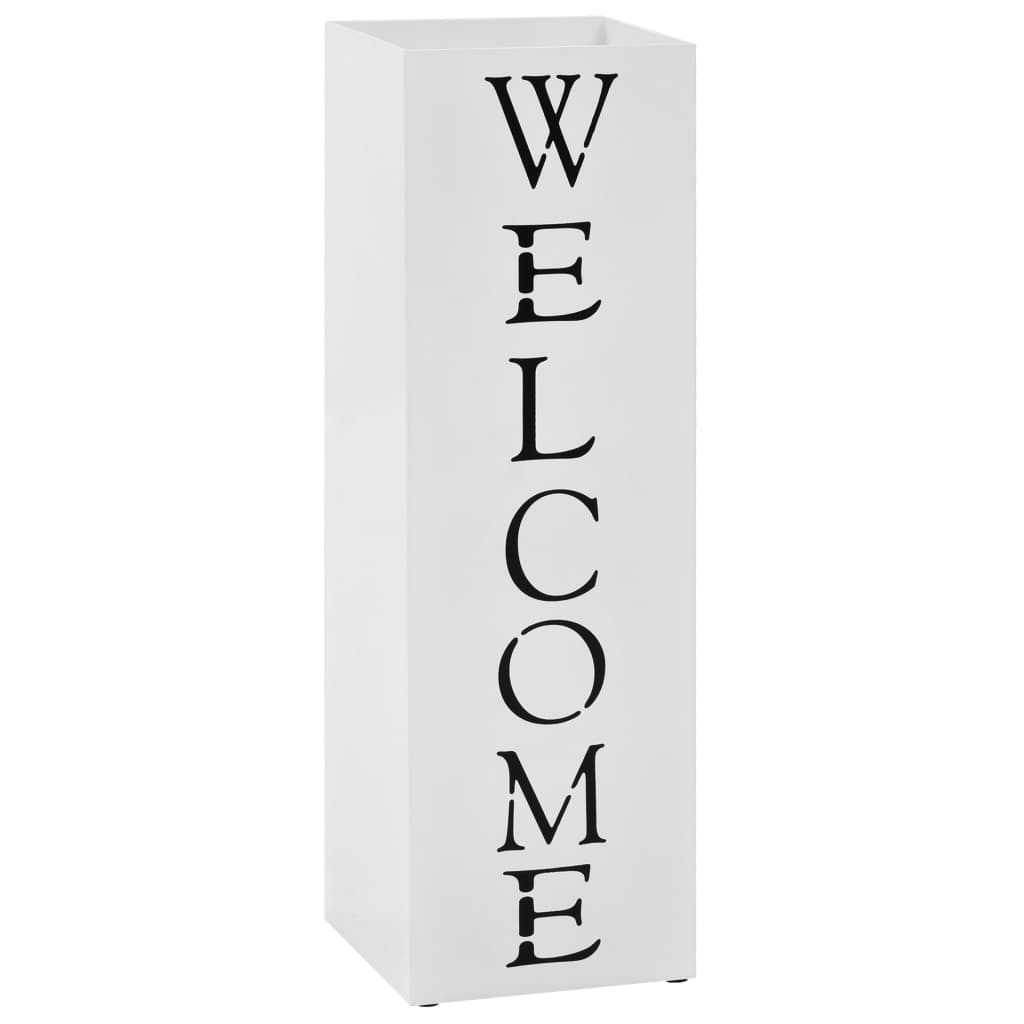 VXL8718475613060_a_en_hd_1.jpg vidaXL Stojan na dáždniky, nápis Welcome oceľový biely – Obrázok 1