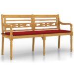 vidaXL Lavička Batavia s červenou podložkou 150 cm tíkový masív – Obrázok 2