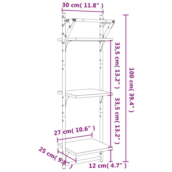 vidaXL 3-poschod. nástenné police s tyčami 2 ks hnedý dub 30x25x100 cm – Obrázok 9