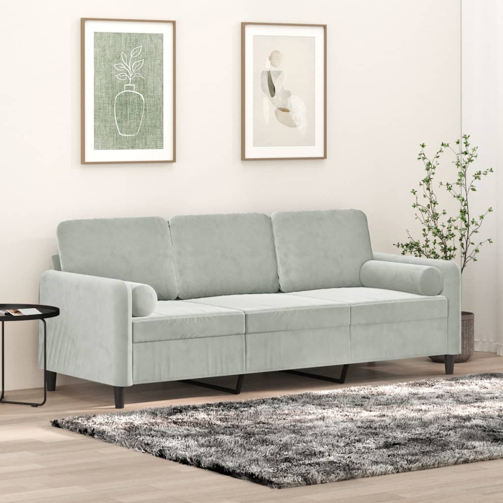 VXL8721012058583_m_en_hd_1.jpg vidaXL 3-miestna pohovka s vankúšmi svetlosivá 180 cm zamat – Obrázok 1