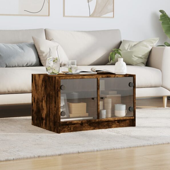 vidaXL Konferenčný stolík sklenené dvierka dymový dub 68x50x42 cm – Obrázok 3
