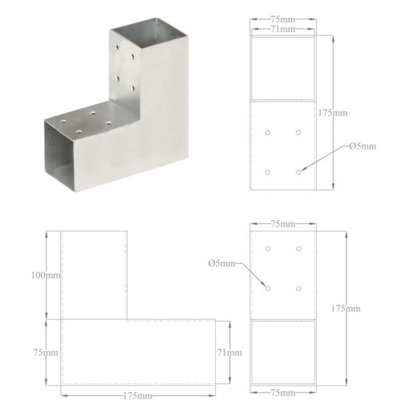 vidaXL Trámová spojka v tvare L 71x71 mm pozinkovaný kov – Obrázok 7