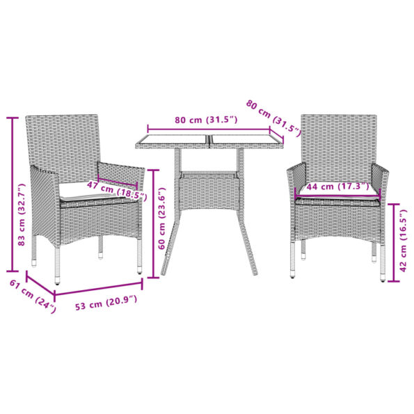 vidaXL 3-dielna záhradná jedálenská súprava+podložky, čierna polyratan – Obrázok 7