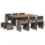 vidaXL 11-dielna záhradná jedálenská súprava s vankúšmi sivá polyratan – Obrázok 2