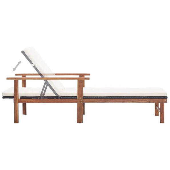 vidaXL Záhradné ležadlo s podložkou, polyratan a akáciový masív,čierne – Obrázok 6