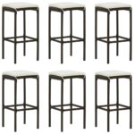 vidaXL Barové stoličky s vankúšmi 6 ks hnedé polyratan