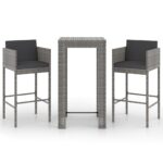 vidaXL 3-dielna záhradná barová súprava s vankúšmi polyratanová sivá – Obrázok 2