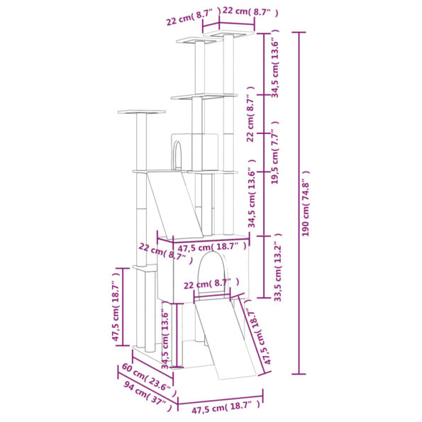 vidaXL Škrabadlo pre mačky so sisalovými stĺpikmi bledosivé 190 cm – Obrázok 7