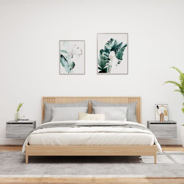 vidaXL Nástenné nočné skrinky s LED osvetlením 2 ks sivé sonoma – Obrázok 3