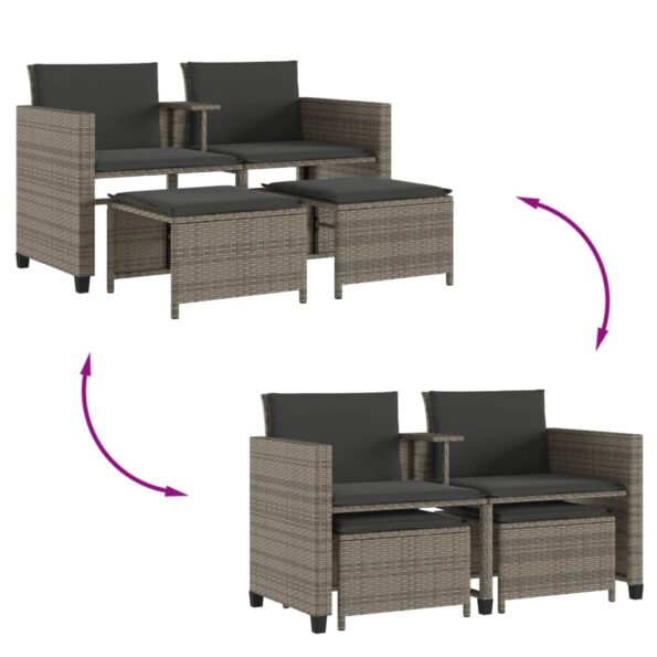 vidaXL Záhradná pohovka, 2-miestna, stôl a taburetky, sivá, polyratan – Obrázok 8