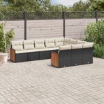 vidaXL 10-dielna záhradná sedacia súprava s vankúšmi polyratan čierna