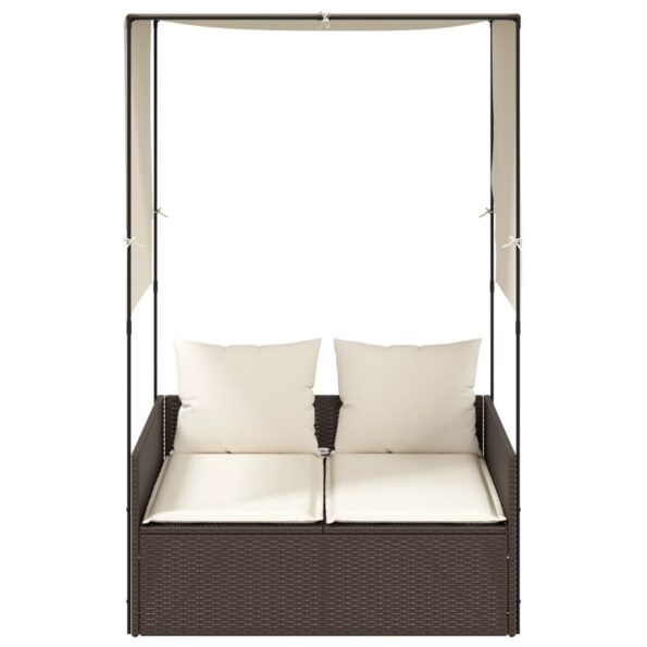 vidaXL Dvojité ležadlo so strieškou a závesmi hnedé polyratan – Obrázok 3