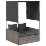 vidaXL Dvojité ležadlo so strieškou a závesmi sivé polyratan – Obrázok 2