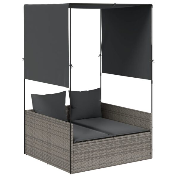 vidaXL Dvojité ležadlo so strieškou a závesmi sivé polyratan – Obrázok 2