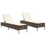 vidaXL Záhradné ležadlá s vankúšmi 2 ks hnedé polyratan – Obrázok 2