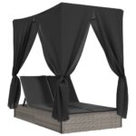 vidaXL Dvojité ležadlo so strieškou a závesmi sivé polyratan – Obrázok 2