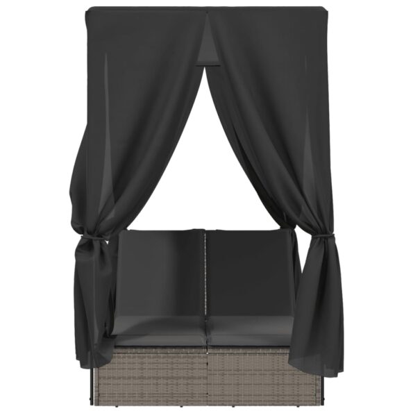 vidaXL Dvojité ležadlo so strieškou a závesmi sivé polyratan – Obrázok 4