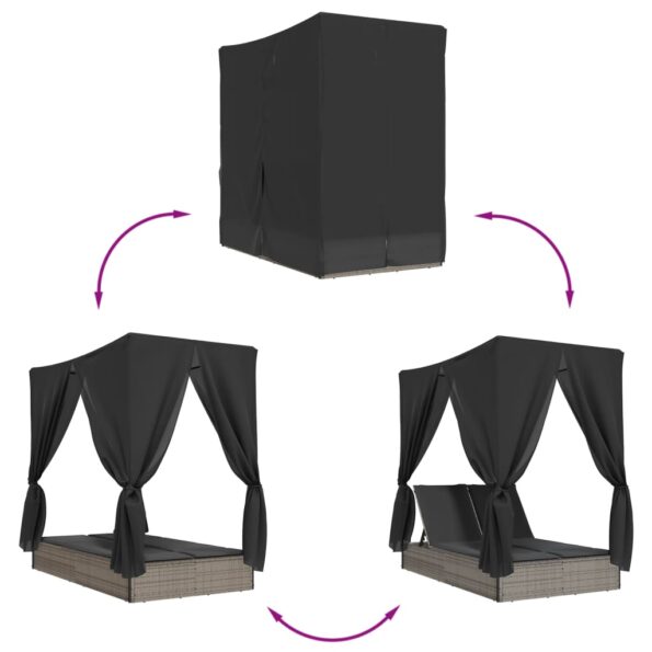 vidaXL Dvojité ležadlo so strieškou a závesmi sivé polyratan – Obrázok 7