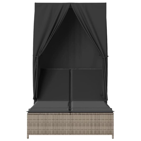 vidaXL Dvojité ležadlo so strieškou a závesmi sivé polyratan – Obrázok 4