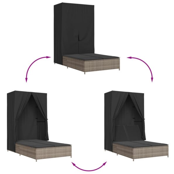 vidaXL Dvojité ležadlo so strieškou a závesmi sivé polyratan – Obrázok 7