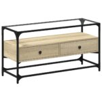vidaXL TV skrinka sklenená doska dub sonoma 98x35x51 cm kompoz. drevo – Obrázok 2