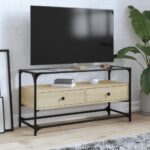 vidaXL TV skrinka sklenená doska dub sonoma 98x35x51 cm kompoz. drevo