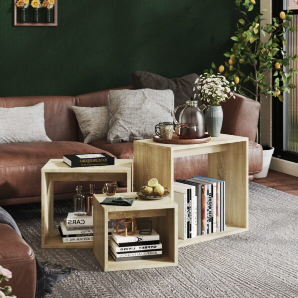 vidaXL Zasúvacie stolíky 3 ks dub sonoma drevotrieska – Obrázok 3