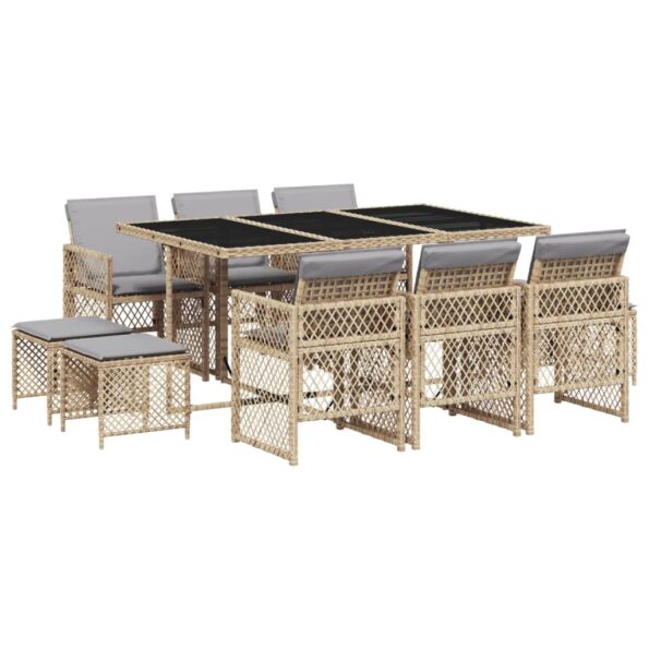vidaXL 11-dielna záhradná jedálenská súprava vankúše béžová polyratan – Obrázok 2