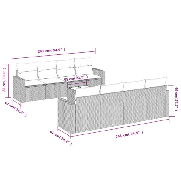 vidaXL 9-dielna záhradná súprava pohoviek s vankúšmi sivá polyratanová – Obrázok 3