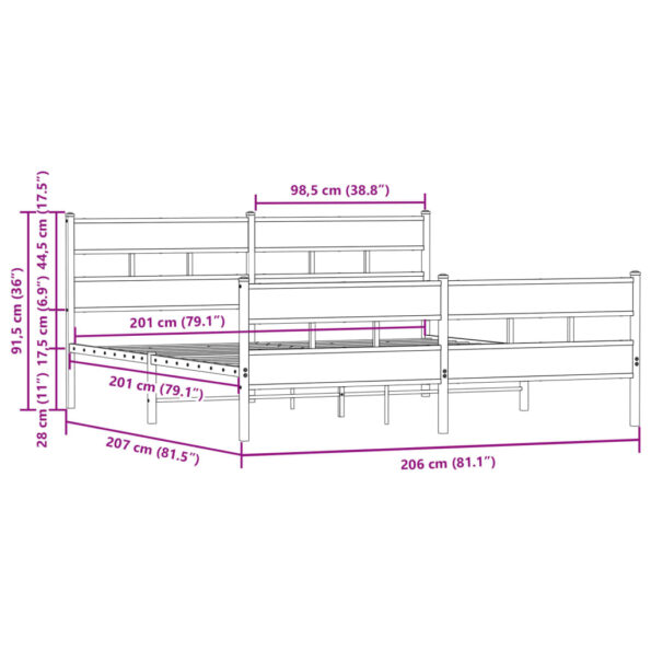vidaXL Kovový posteľný rám bez matraca hnedý dub 200x200 cm – Obrázok 9