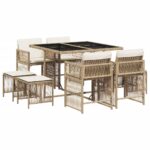 vidaXL 9-dielna záhr. jedálenská súprava s vankúšmi béžová polyratan – Obrázok 2