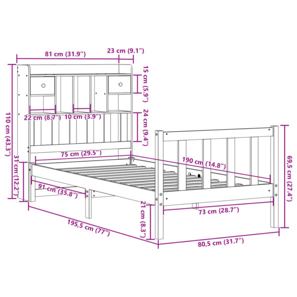 vidaXL Posteľ s knižnicou bez matraca vosková 75x190 cm borovica – Obrázok 11