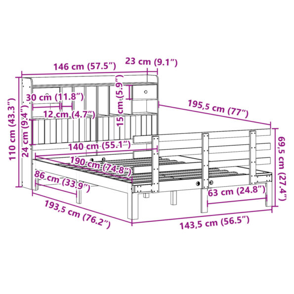 vidaXL Posteľ s knižnicou bez matraca 140x190 cm borovicový masív – Obrázok 11