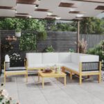 vidaXL 7-dielna záhradná sedacia súprava+podložky, krémová, akácia