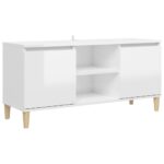 vidaXL TV stolík nohy z masívneho dreva lesklý biely 103,5x35x50 cm – Obrázok 2