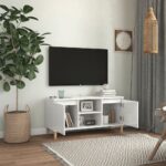vidaXL TV stolík nohy z masívneho dreva lesklý biely 103,5x35x50 cm – Obrázok 3