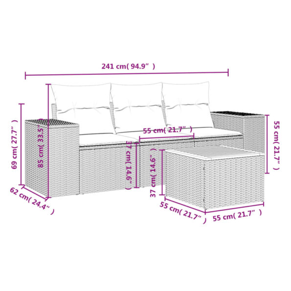 vidaXL 4-dielna záhradná sedacia súprava s podložkami čierna polyratan – Obrázok 3