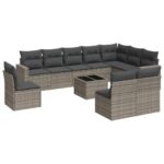 vidaXL 11-dielna záhradná sedacia súprava s podložkami polyratan sivá – Obrázok 2