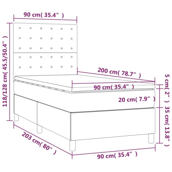 vidaXL Posteľ boxsping s matracom a LED tmavosivá 90x200 cm zamat – Obrázok 8