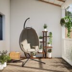 vidaXL Závesné kreslo vajíčko so stojanom béžové látka a oceľ – Obrázok 3