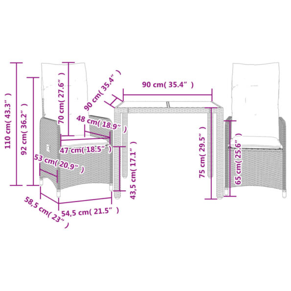 vidaXL 3-dielna záhradná bistro súprava s vankúšmi čierna polyratan – Obrázok 7