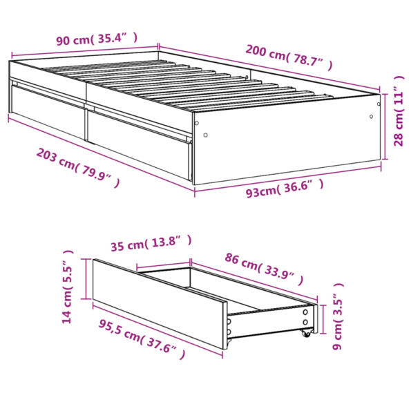 vidaXL Posteľný rám so zásuvkami dub sonoma 90x200 cm kompozitné drevo – Obrázok 10