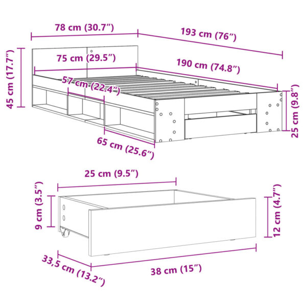 vidaXL Posteľný rám so zásuvkou biely 75x190 cm kompozitné drevo – Obrázok 10